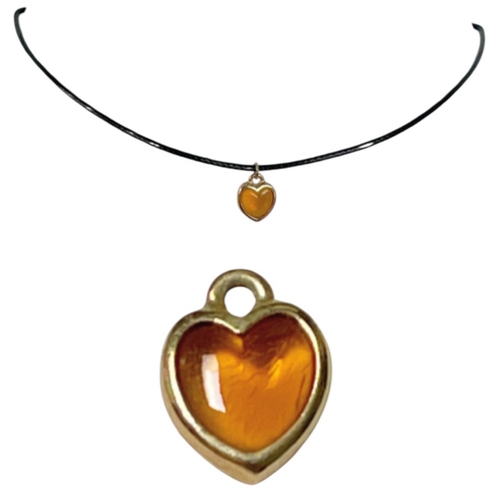 Handmade vintage amber gold heart charm adjustable black choker necklace